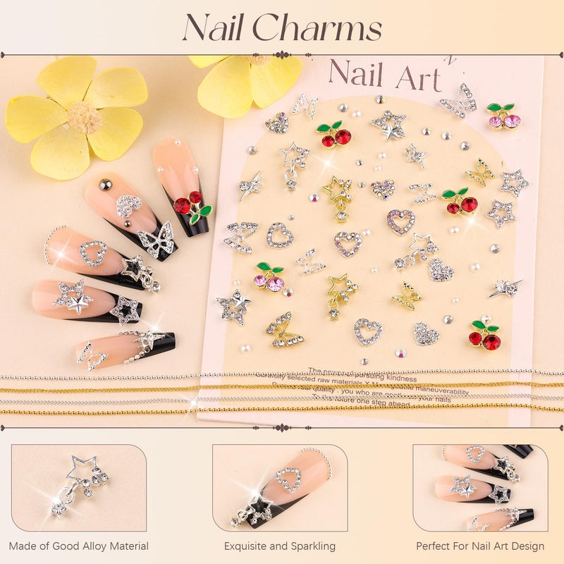 BELLEBOOST 80Pcs 16 Styles 3D Nail Charms and Flatback Gems Pearl + Nail Chains, Silver Shiny Luxury Gems, Crystal Diamond Jewels Studs with Rhinestones for Nail Design, Nail Art Decor Set for Acrylic Nails - Image 3